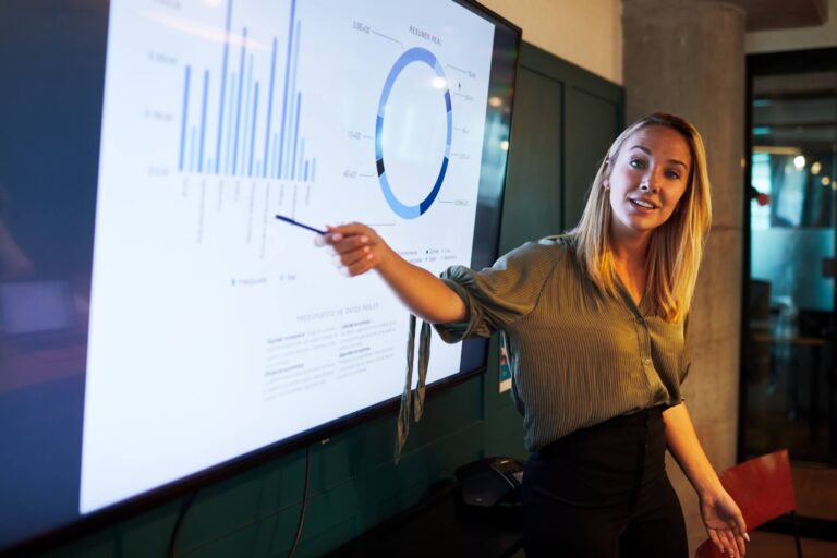 Eine Frau zeigt auf verschiedene Graphen. Das ist das Titelbild für den Artikel 'Leadership Trend 2020 – was kam tatsächlich'